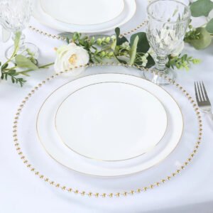Plastic Charger Plates 13" Round Clear with Gold Beaded Rim - Stylish Dinner Party Serving Plates