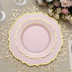 Pack Plastic Round Dessert Plates 8" Blush with Gold Scalloped Rim - Disposable Appetizer/Salad Plates