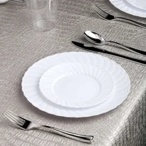 Plastic Dessert Plates 6" Glossy White Swirl Rim - Round Salad Plates for Events