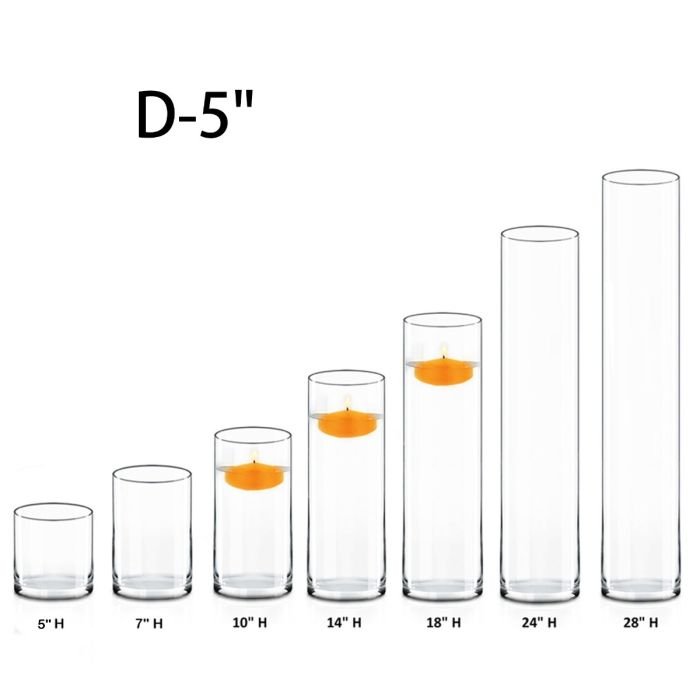 Glass Cylinder Vase. D-5_, H-5_, 7_,10_, 14_, 18_, 24_, 28_, D-5_. Pack of 6 pcs