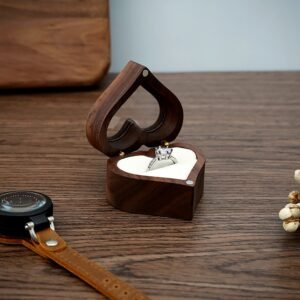 GM02-11 Wooden Jewelry Box White Lines Heart Single Slot Walnut Ring Box