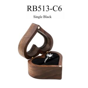 GM02-16 Wooden Jewelry Box Black Lines Heart Single Slot Walnut Ring Box